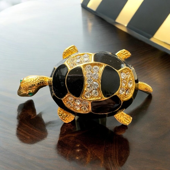 Chantelle Jewelry - Chantelle Gold and Black Turtle Pin Faux Crystals Green Eyes Brooch‎ Tortoise